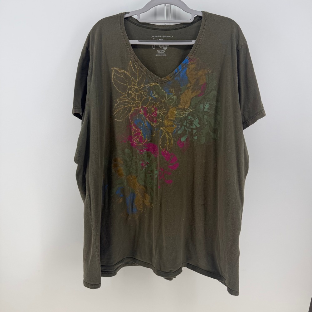 Just My Size T-Shirt Womens 4X Olive Green Floral V-Neck Graphic Tee Boho Earthy